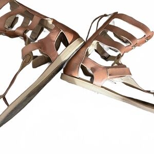 Lands‎ End Brown Strappy Flat Sole Buckle Closure Leather Sandals Womens 75